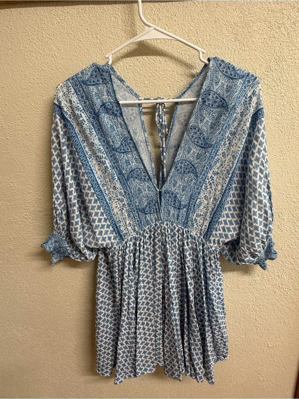 Blue Patterned V-Neck Women's dress